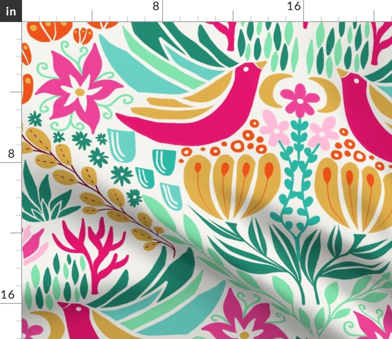Colorful Birds Pink Green Boho Botanical Floral Custom Printed Fabric by Spoonflower Various Fabrics by the Yard or Fat Quarter